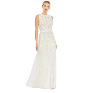 Mac Duggal Size 14 NEW 9137 Ivory Embroidered High Neck Sleeveless Ruffled Gown